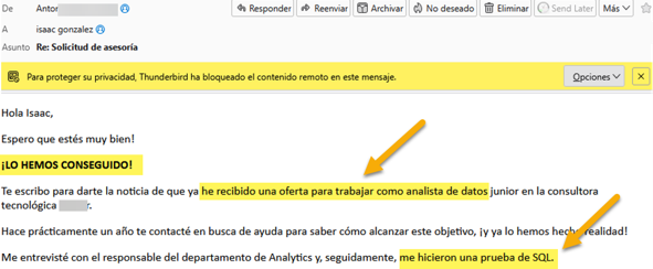 Email de alumno que recibió una oferta para trabajar como analista de datos junior tras una prueba de SQL.