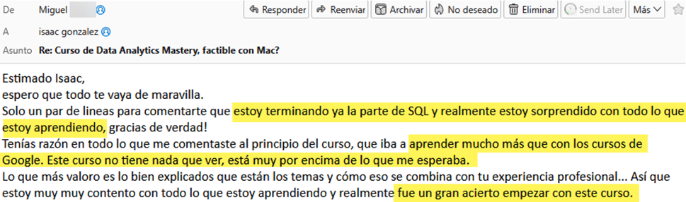 Email de alumno sorprendido por lo aprendido en SQL y por el enfoque práctico del curso.