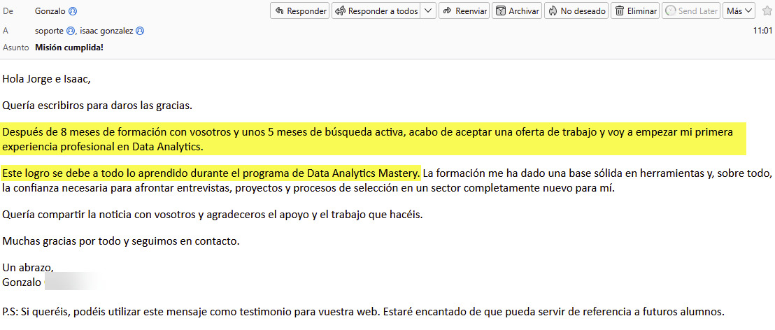 Testimonio recibido por email de Data Analytics Mastery